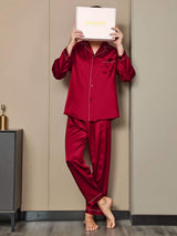 [Wijn] SilkSilky-NL Pure Silk Lange Mouw Revers Heren Pyjama Set 003