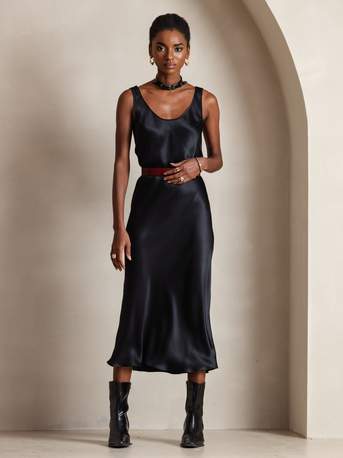 [Zwart] SilkSilky-NL Boat Hals Jurk 006