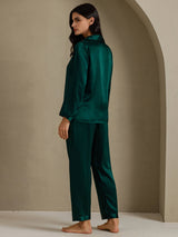 [Donkergroen] SilkSilky-NL Long Sleeve Lapel Collar Dames Pyjama Set 002