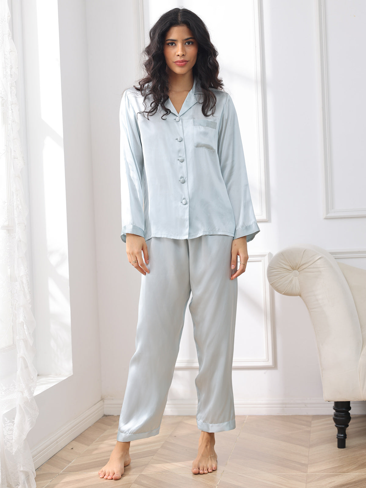[Lichtblauw] SilkSilky-NL Lange Mouw Notchkraag Dames Pyjama Set 003