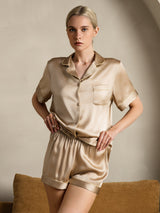 [Champagne] SilkSilky-NL Short Sleeve Lapel Collar Dames Pyjama Set 004