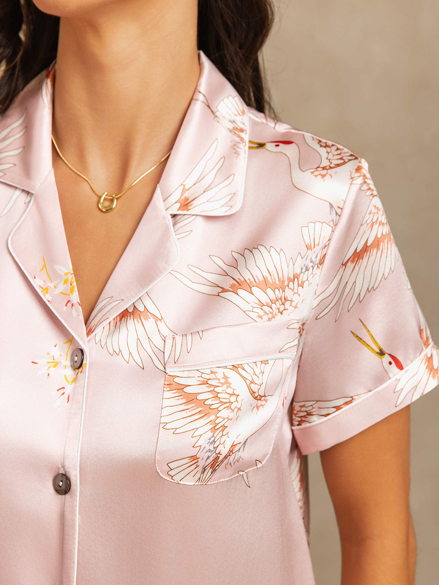 [Roze] SilkSilky-NL 19Momme Korte Mouw Womens Pajamas 004