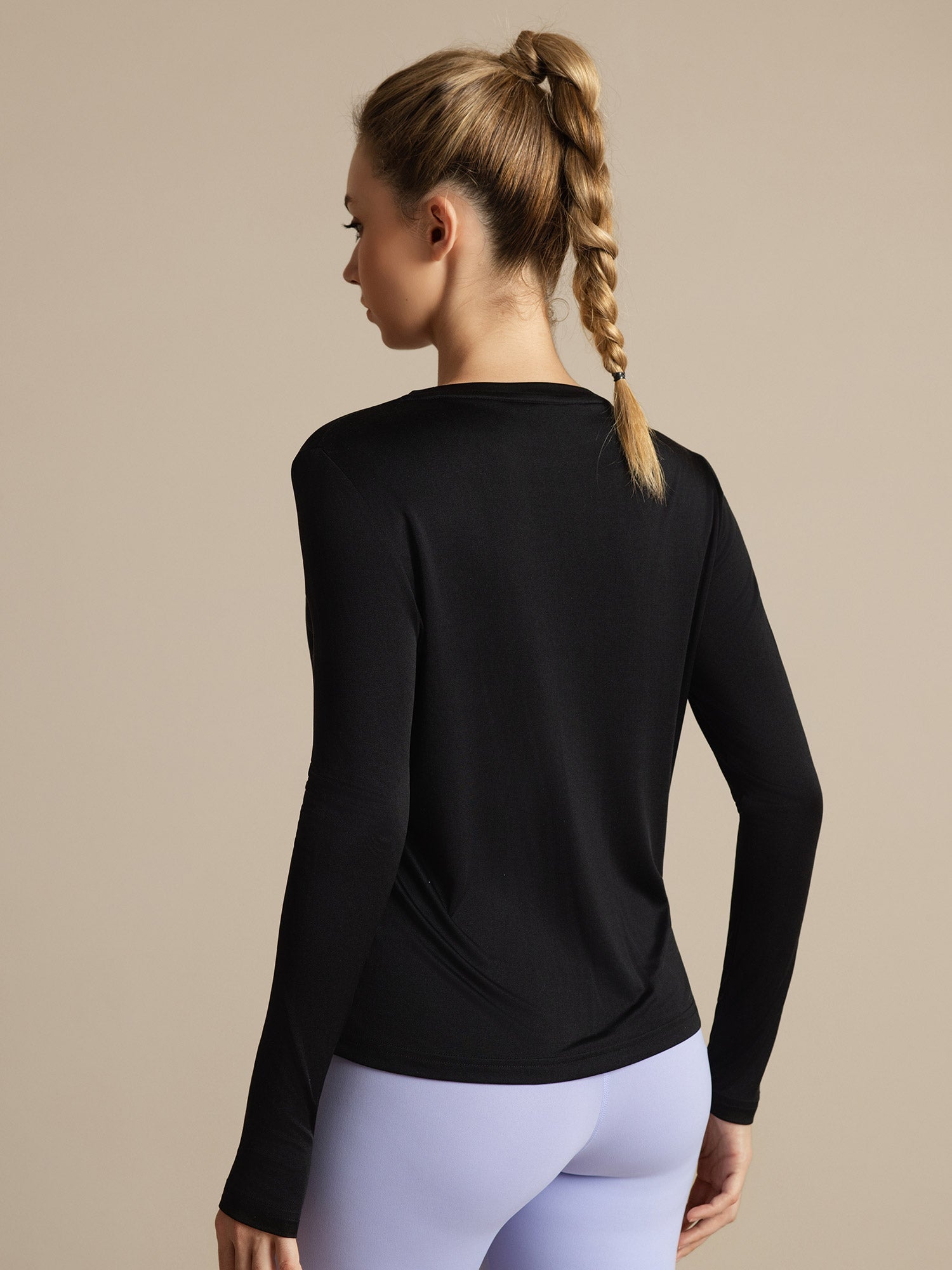 [Zwart] SilkSilky-NL Lange Mouw Crew Hals Dames T-Shirt 002