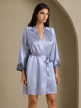 [Staal Blauw] SilkSilky-NL 3/4 Sleeve V Neck Nachthemd&Kamerjas Set 007