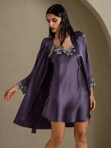 [Paars Grijs] SilkSilky-NL 3/4 Sleeve V Neck Nachthemd&Kamerjas Set 001