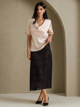 [Beige] SilkSilky-NL Short Sleeve Cowl Neck Blouse 007