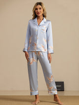 [Lichtblauw] SilkSilky-NL Long Sleeve Lapel Collar Dames Pyjama Set 003