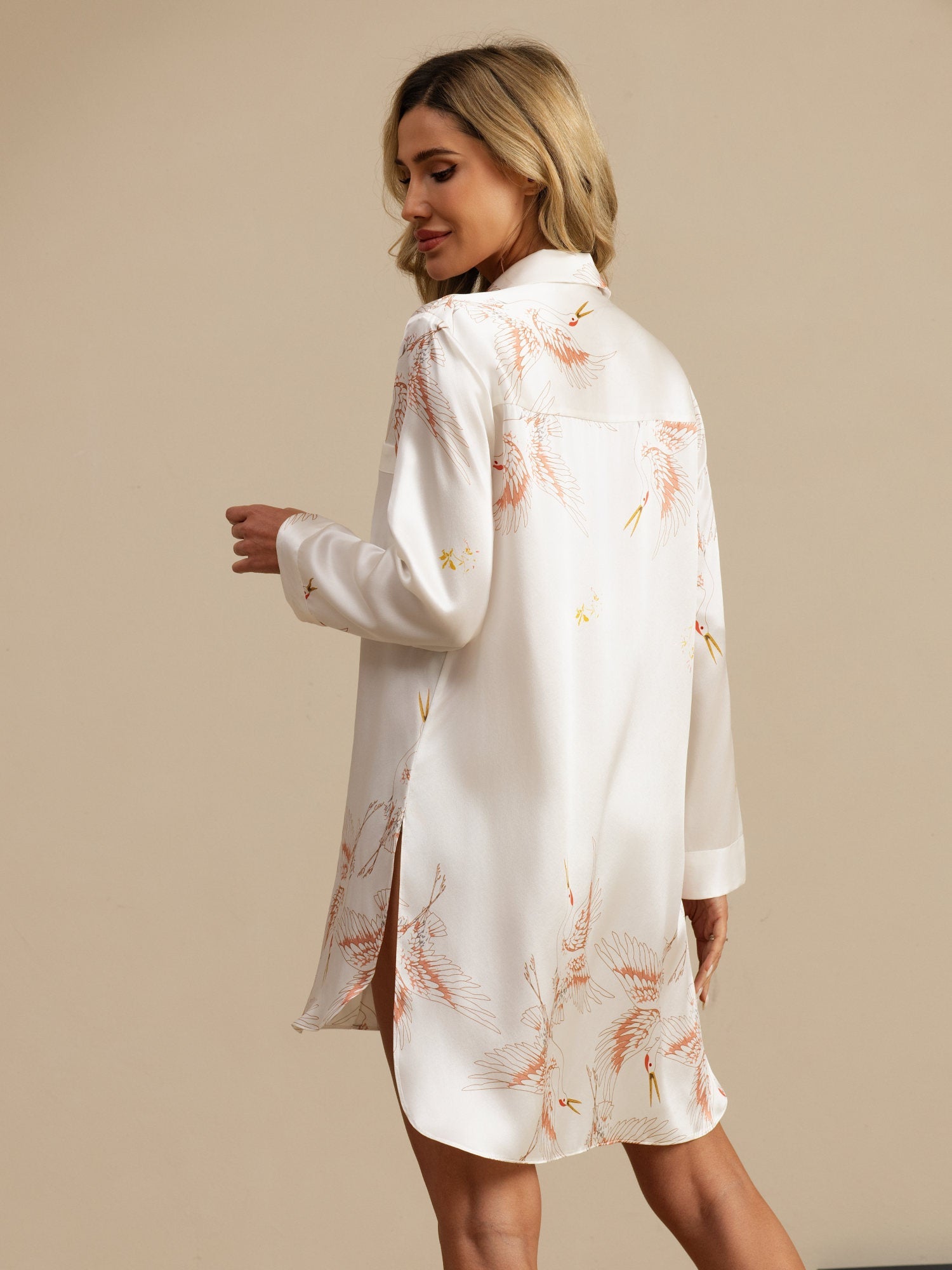 [Wit] SilkSilky-NL 19Momme Lange Mouw Notchkraag Slaap Hemd 002