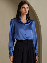[Echt Petrol] SilkSilky-NL Long Sleeve Lapel Collar Dames Blouse 003