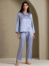 [Staal Blauw] SilkSilky-NL Long Sleeve Lapel Collar Dames Pyjama Set 003