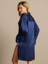 [Donkerblauw] SilkSilky-NL Lange Mouw Notchkraag Slaap Hemd 002
