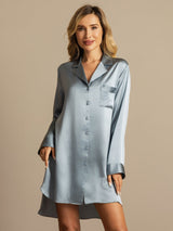 [Grijsachtig Blauw] SilkSilky-NL Lange Mouw Notchkraag Slaap Hemd 001