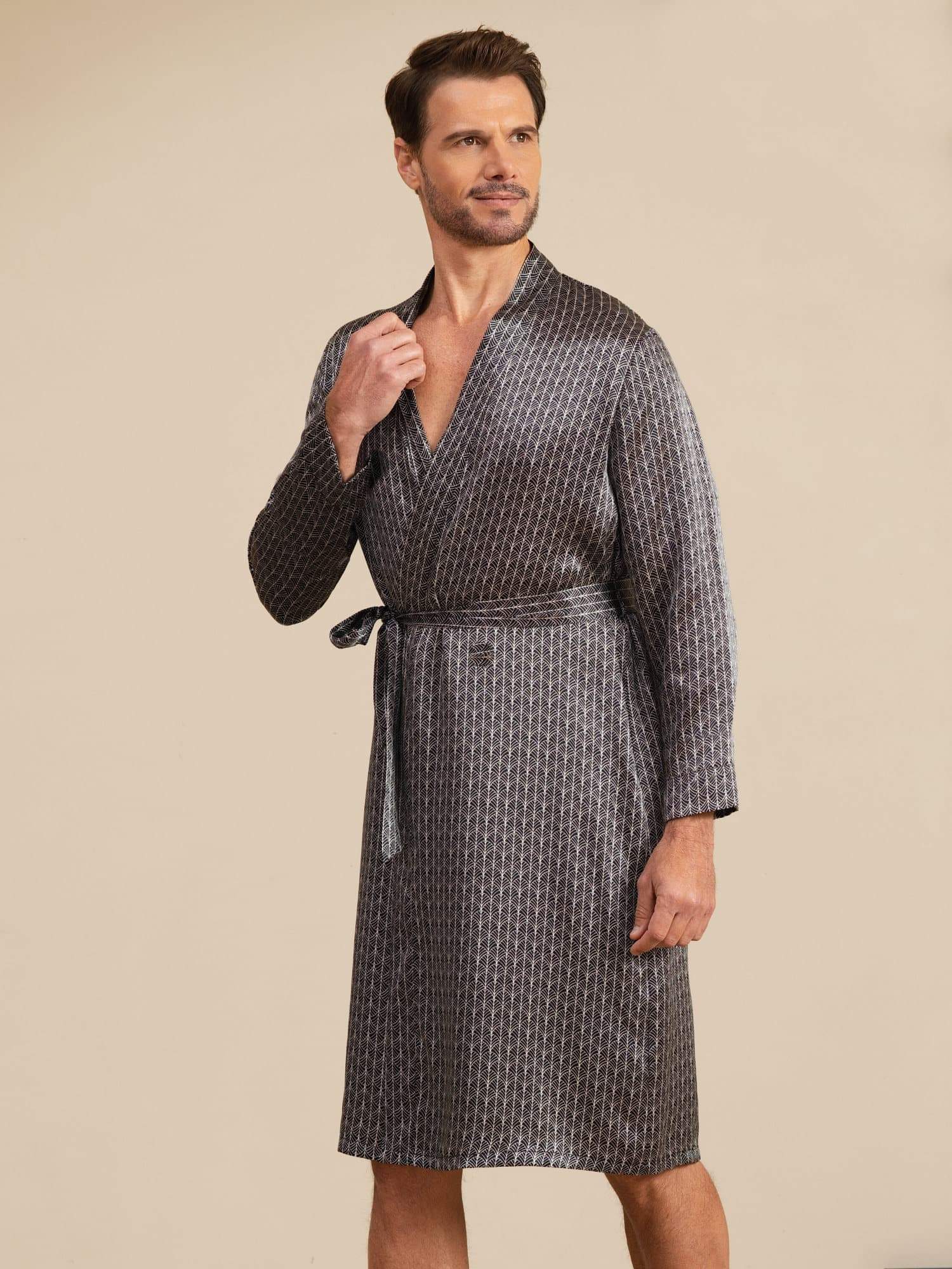 [Zwarte Ginkgo] SilkSilky-NL Long Sleeve V Neck Heren Kamerjas 004