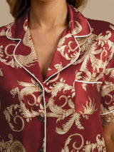 [Wijnrode Draak] SilkSilky-NL Korte Mouw Notchkraag Dames Pyjama Set 005