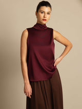 [Donkerrood] SilkSilky-NL 19Momme Mouwloos Strikhals Blouse 001