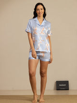 [Lichtblauw] SilkSilky-NL 19Momme Korte Mouw Notchkraag Dames Pyjama Set 007