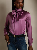 [Donkerpaars] SilkSilky-NL Long Sleeve Tie Neck Blouse 003