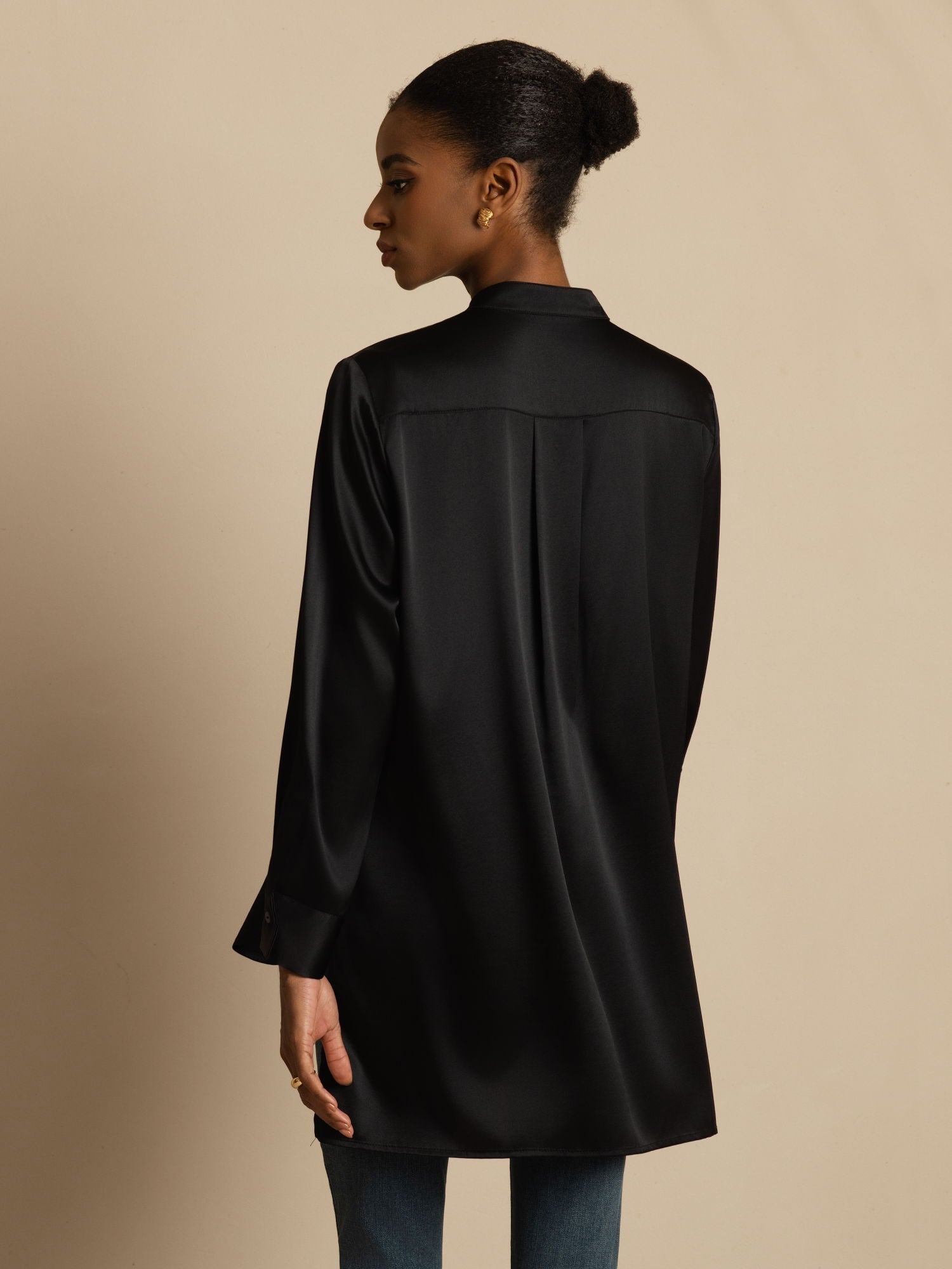 [Zwart] SilkSilky-NL 19Momme Lange Mouw Staande Kraag Blouse 002