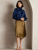 [Donkerblauw] SilkSilky-NL Long Sleeve Tie Neck Blouse 006
