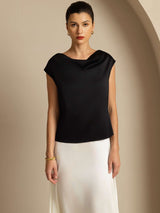 [Zwart] SilkSilky-NL Cap Sleeve Cowl Neck Dames T-Shirt 004