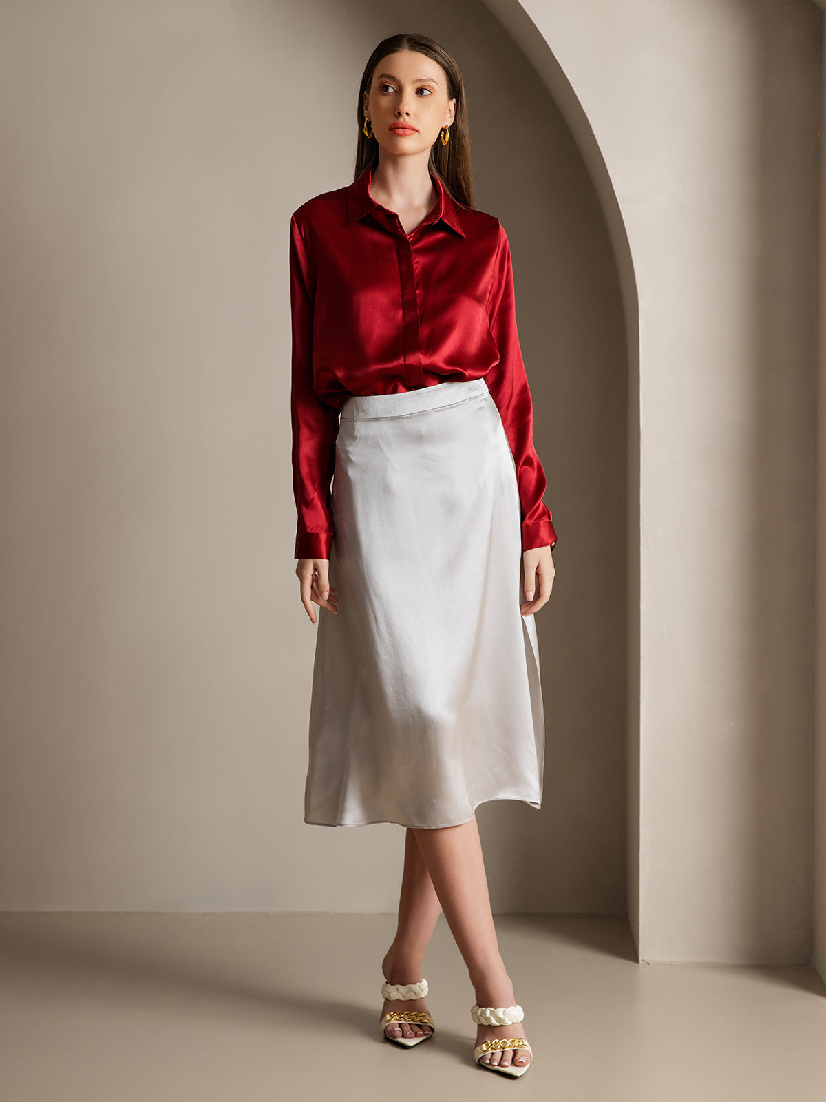 [Wijn] SilkSilky-NL 19Momme Zijde Lapel Collar Dames Blouse 006