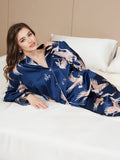 SilkSilky NL 19Momme Pure Silk Lange Mouw Revers Dames Pyjama Set Donkerblauw 003