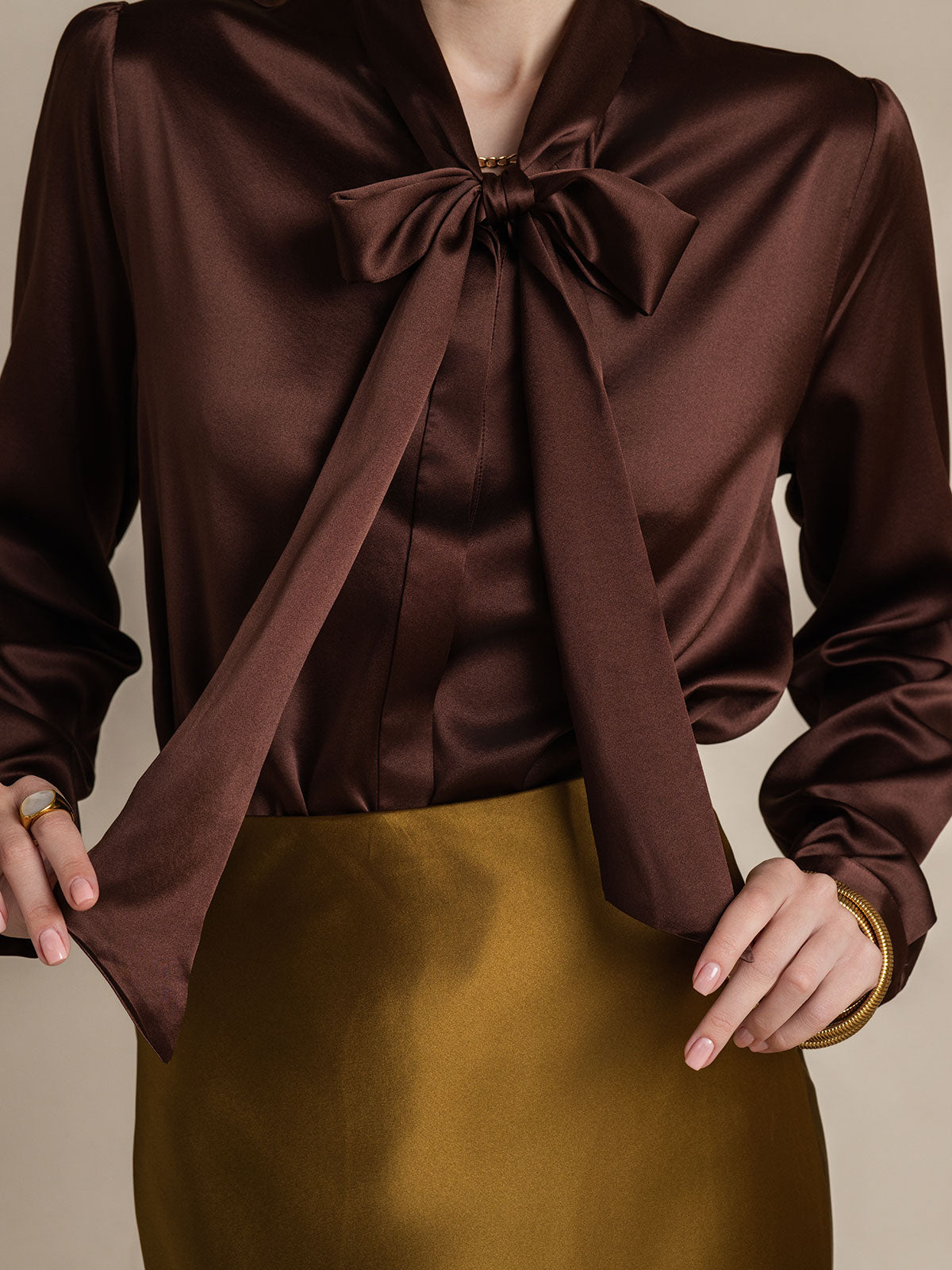 [Koffie] SilkSilky-NL 19Momme Zijde Lange Mouw Binda Hals Dames Blouse 008