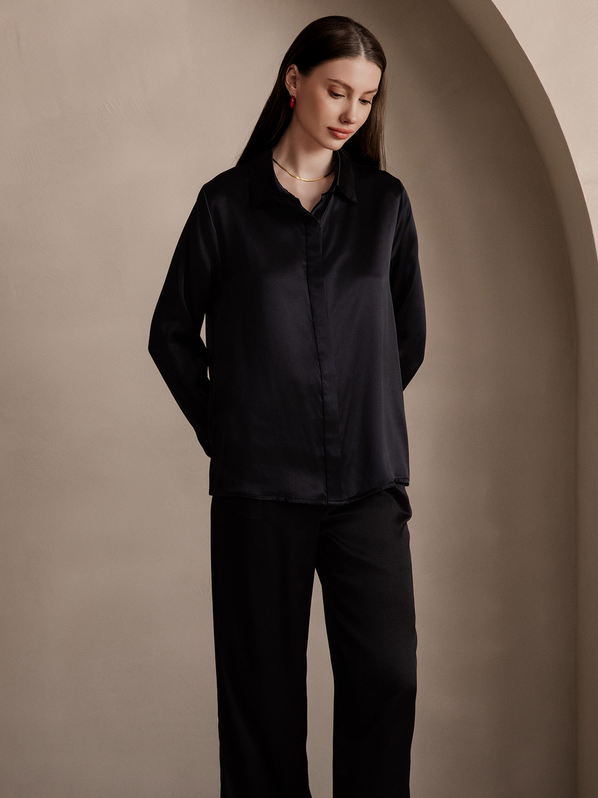 [Zwart] SilkSilky-NL 19Momme Zijde Lapel Collar Dames Blouse 005