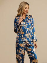 [Navy Draak] SilkSilky-NL Lange Mouw Notchkraag Dames Pyjama Set 005