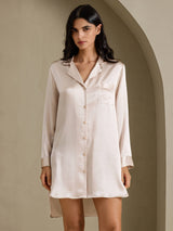 [Beige] SilkSilky-NL Long Sleeve Lapel Collar Slaap Hemd 003
