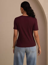 [Wijn] SilkSilky-NL Short Sleeve V Neck Dames T-Shirt 002