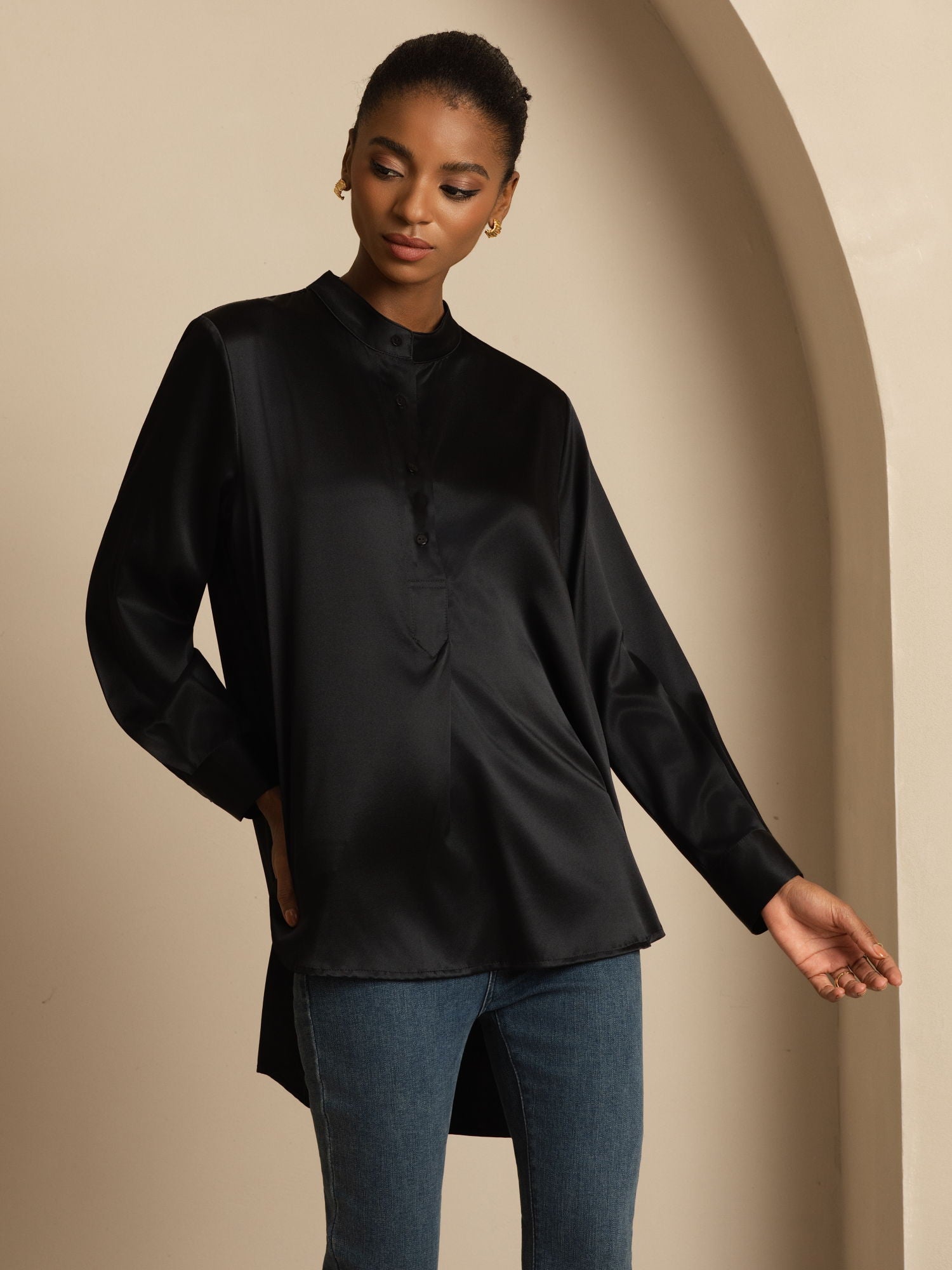 [Zwart] SilkSilky-NL 19Momme Lange Mouw Staande Kraag Blouse 005