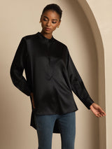 [Zwart] SilkSilky-NL 19Momme Lange Mouw Staande Kraag Blouse 005