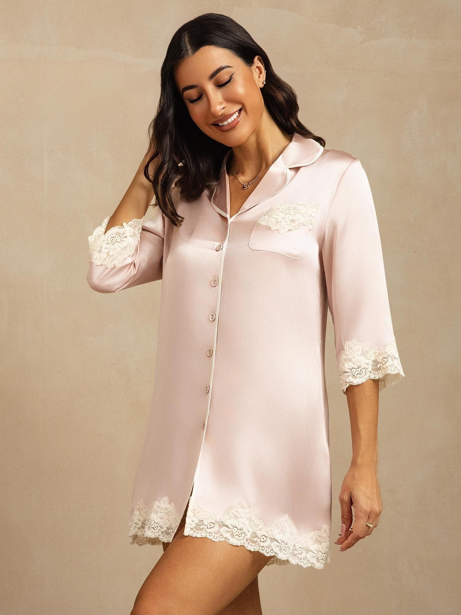 [Roze] SilkSilky-NL Zijde Kraag Slaap Hemd 008