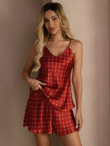 [Wijnrood Ketting] SilkSilky-NL Spaghetti Strap V Neck Cami-Set 005