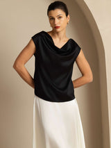 [Zwart] SilkSilky-NL Cap Sleeve Cowl Neck Dames T-Shirt 005