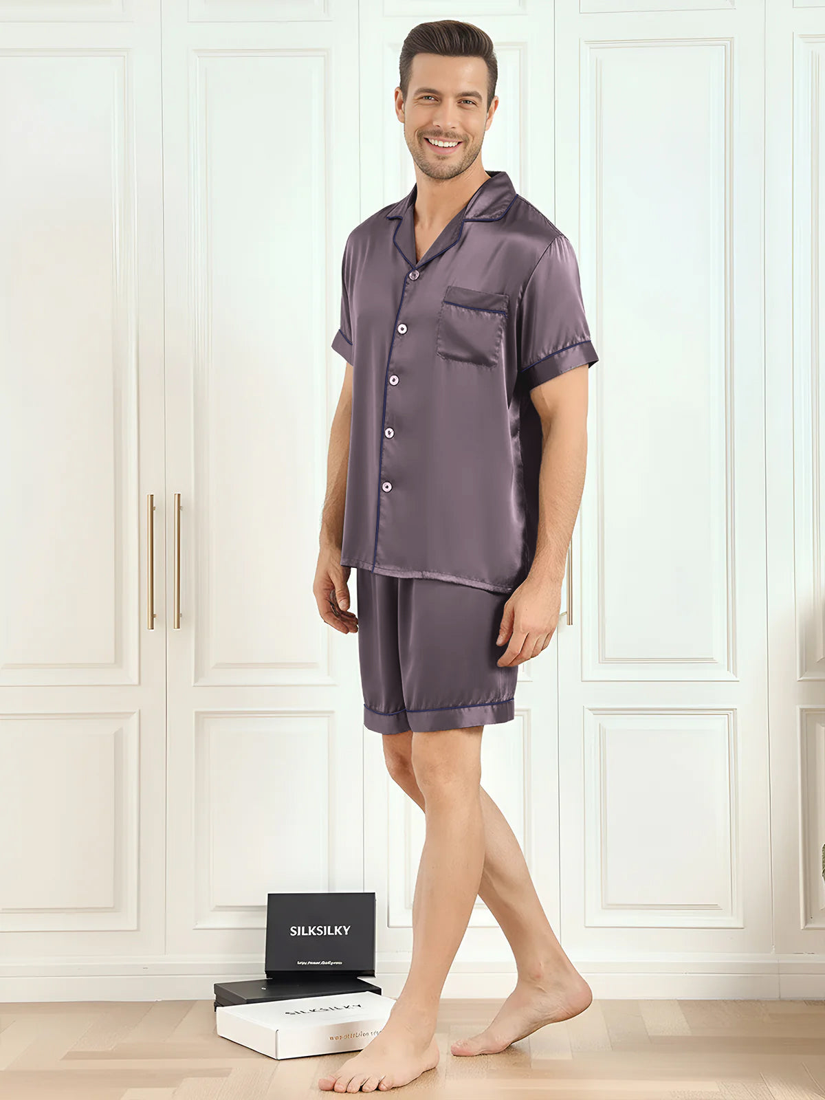 [Paars Grijs] SilkSilky-NL Mens Pajamas 005,