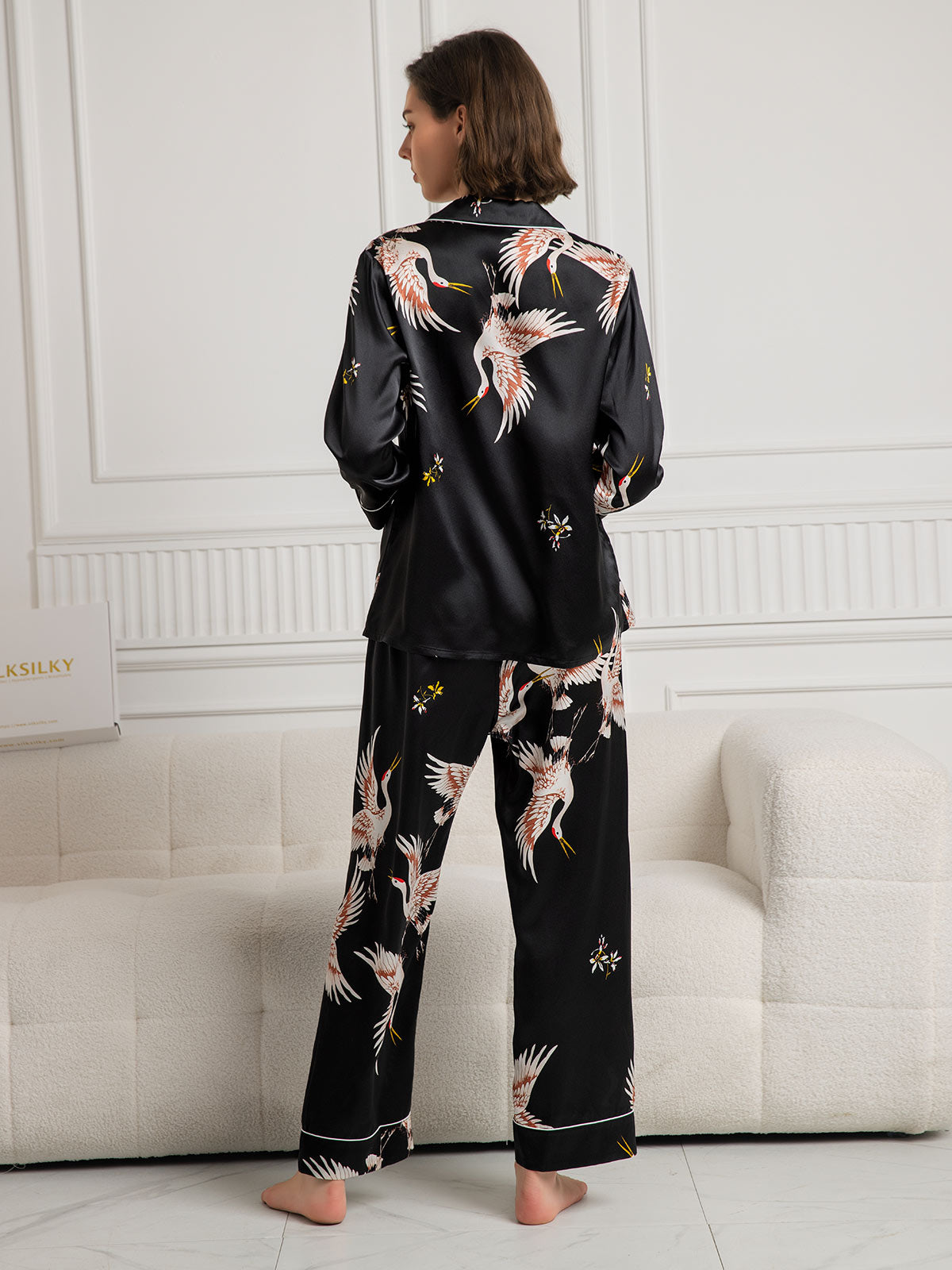[Zwart] SilkSilky-NL 19Momme Lange Mouw Notchkraag Dames Pyjama Set 002
