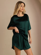 [Donkergroen] SilkSilky-NL Short Sleeve Round Neck Dames Pyjama Set 006
