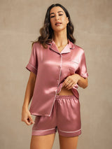 [Bleek Mauve] SilkSilky-NL Short Sleeve Lapel Collar Dames Pyjama Set 004