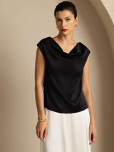[Zwart] SilkSilky-NL Cap Sleeve Cowl Neck Dames T-Shirt 001