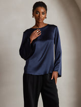 [Donkerblauw] SilkSilky-NL Long Sleeve Boat Neck Blouse 003