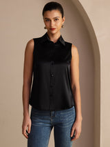 [Zwart] SilkSilky-NL Sleeveless Lapel Collar Dames Blouse 003