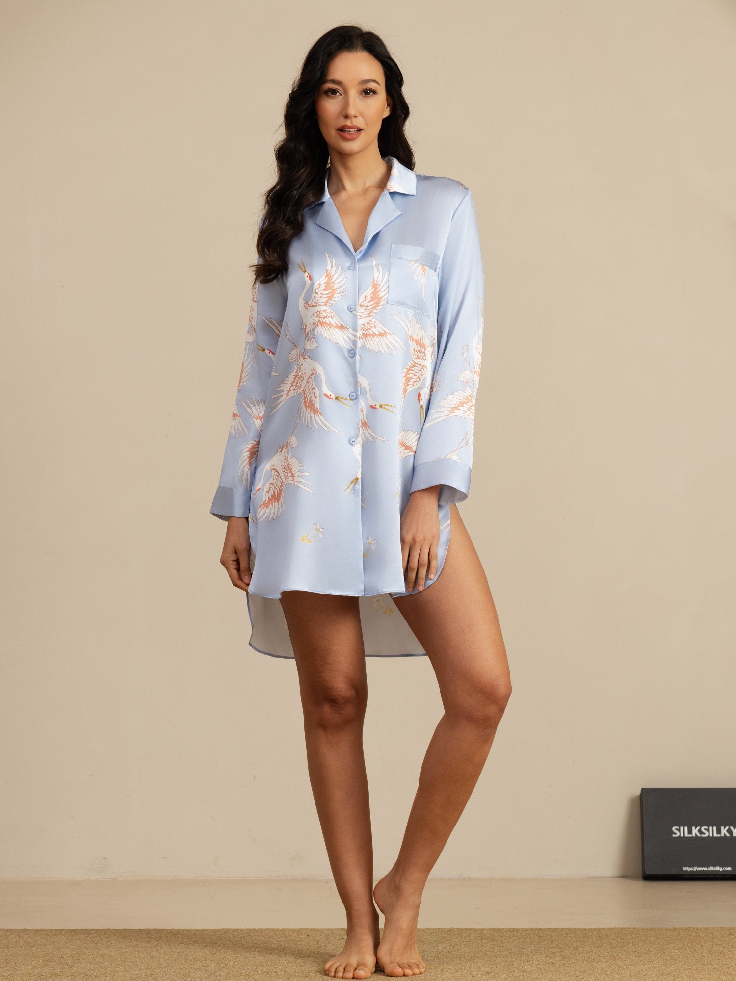 [Lichtblauw] SilkSilky-NL 19Momme Lange Mouw Notchkraag Slaap Hemd 005