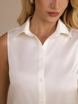 [Wit] SilkSilky-NL Sleeveless Lapel Collar Dames Blouse 004