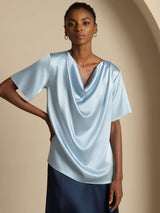 [Grijsachtig Blauw] SilkSilky-NL 19Momme Korte Mouw Waterval Hals Blouse 001