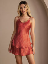 [Wijnrood Ginkgo] SilkSilky-NL Spaghetti Strap V Neck Cami-Set 003