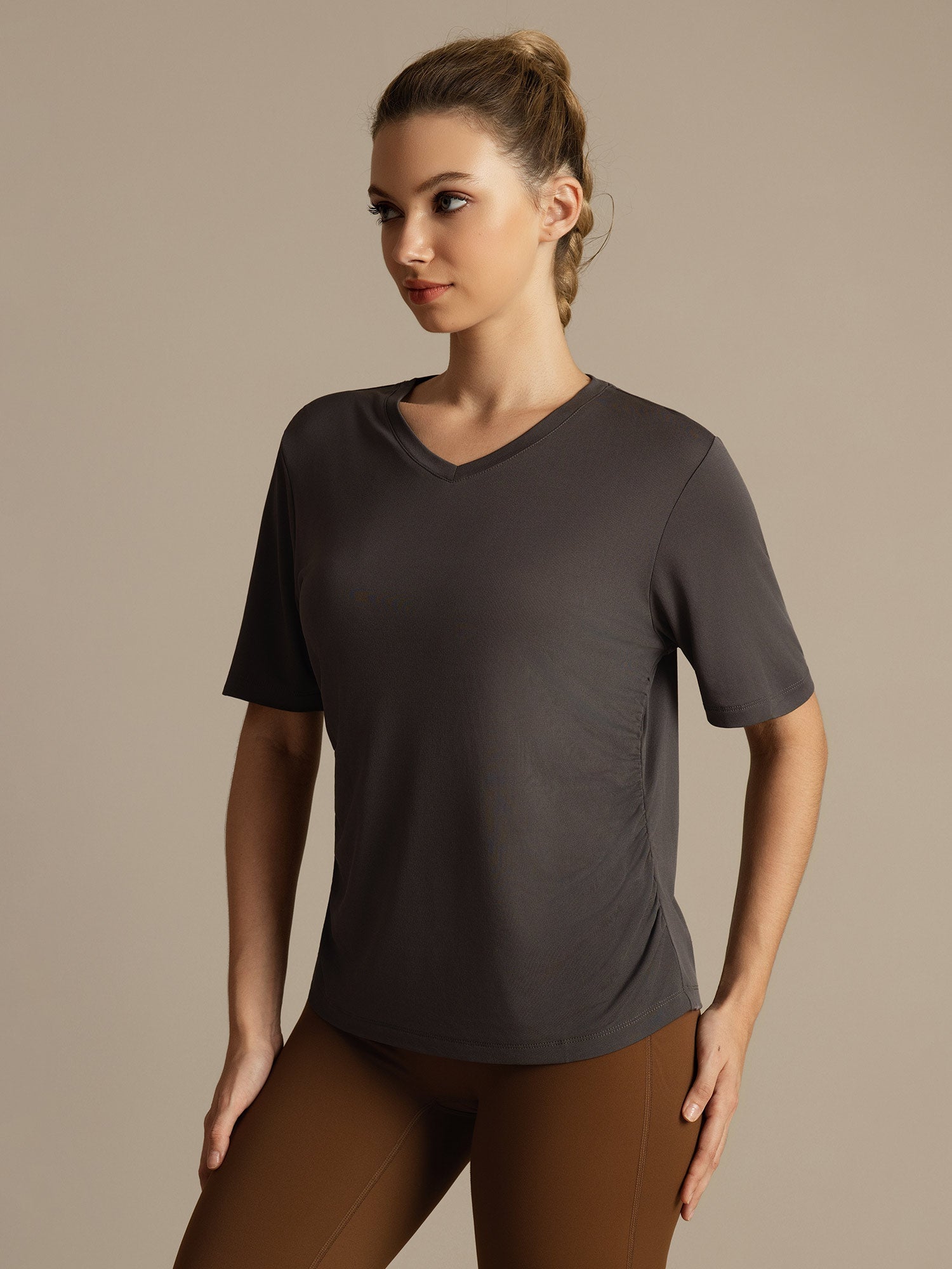 [Grijs] SilkSilky-NL Korte Mouw V Hals Dames T-Shirt 005