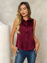 [Donkerrood] SilkSilky-NL Sleeveless Lapel Collar Dames Blouse 006