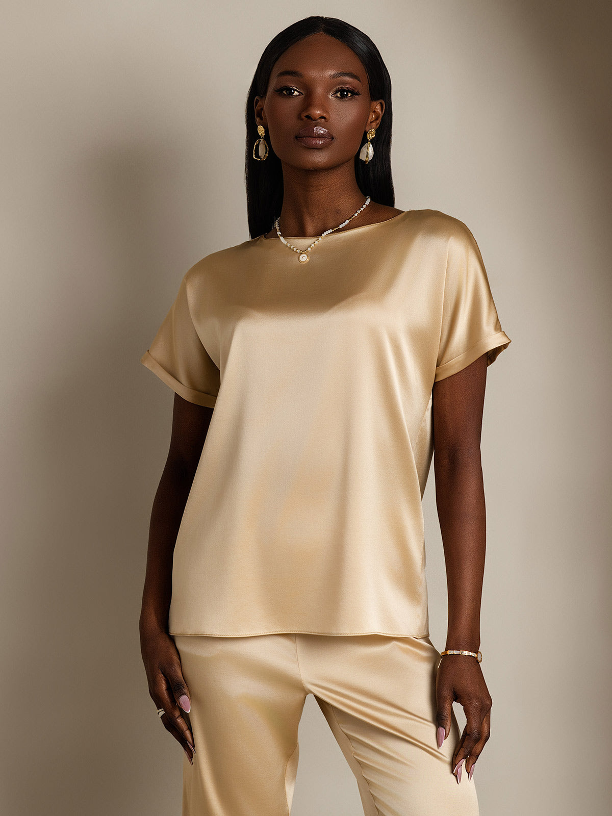 [Champagne] SilkSilky-NL 19Momme Zijde Ronde Hals Dames T-Shirt 001